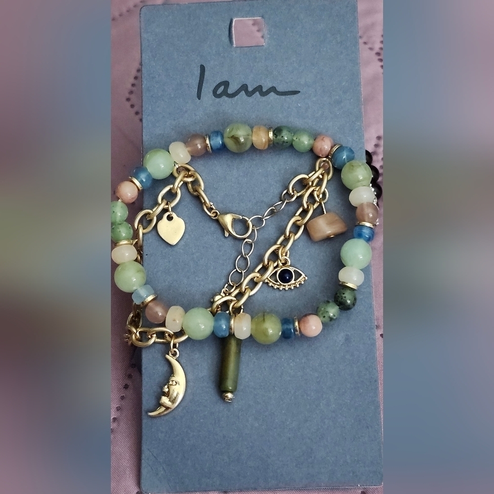 I.am multi-strand beaded and chain bracelet with gold-tone hardware and charms